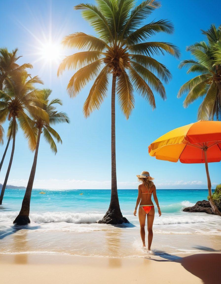 A sun-drenched beach scene showcasing a diverse group of stylish women in vibrant bikinis, playfully enjoying water activities like surfing, beach volleyball, and sunbathing. Include colorful beach umbrellas, tropical palm trees, and a clear blue ocean in the background, capturing the essence of summer fun. Bright and cheerful atmosphere with a focus on fashion and adventure. super-realistic. vibrant colors. dynamic composition.