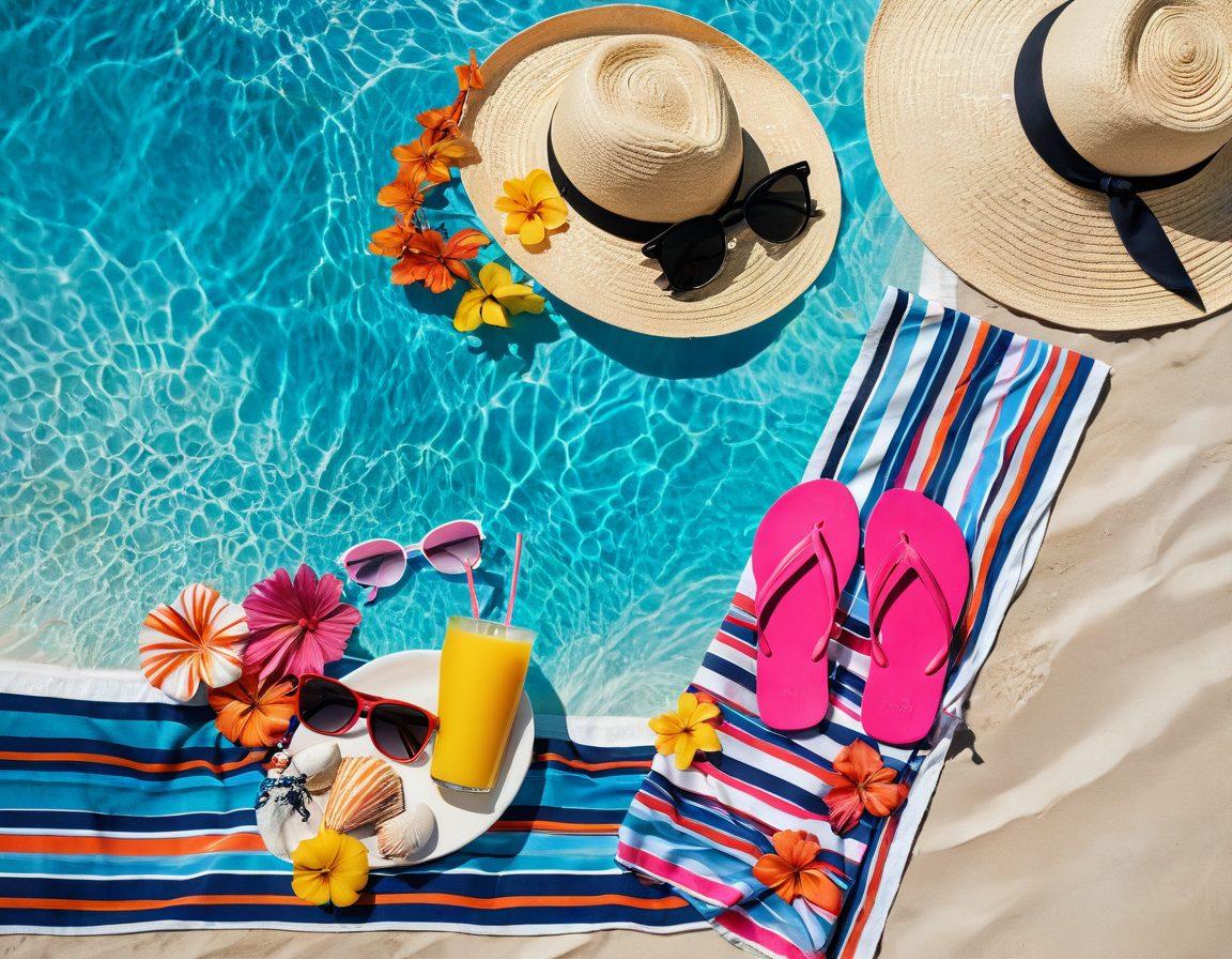 A stylish flat lay featuring a variety of vibrant bikinis laid out on a sandy beach towel alongside tropical accessories like sunglasses, a wide-brimmed hat, and colorful flip-flops. The background shows a blurred ocean and pool setting, creating a seamless transition from beach to poolside. Enhance the scene with decorative seashells and a refreshing drink in the corner, emitting summery vibes. bright colors. super-realistic.
